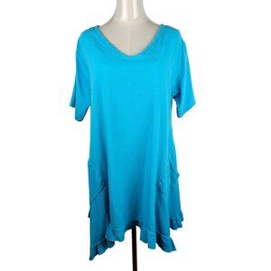 Oh My Gauze Dress Medium Cotton Ruffled Hem Pockets Turquoise Tropical Beach